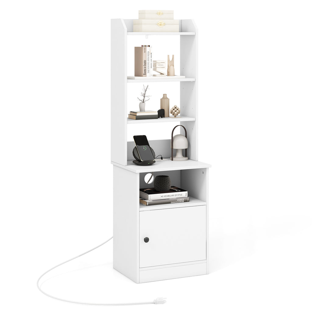 6-Tier Bookshelf Nightstand with Charging Station and Cabinet