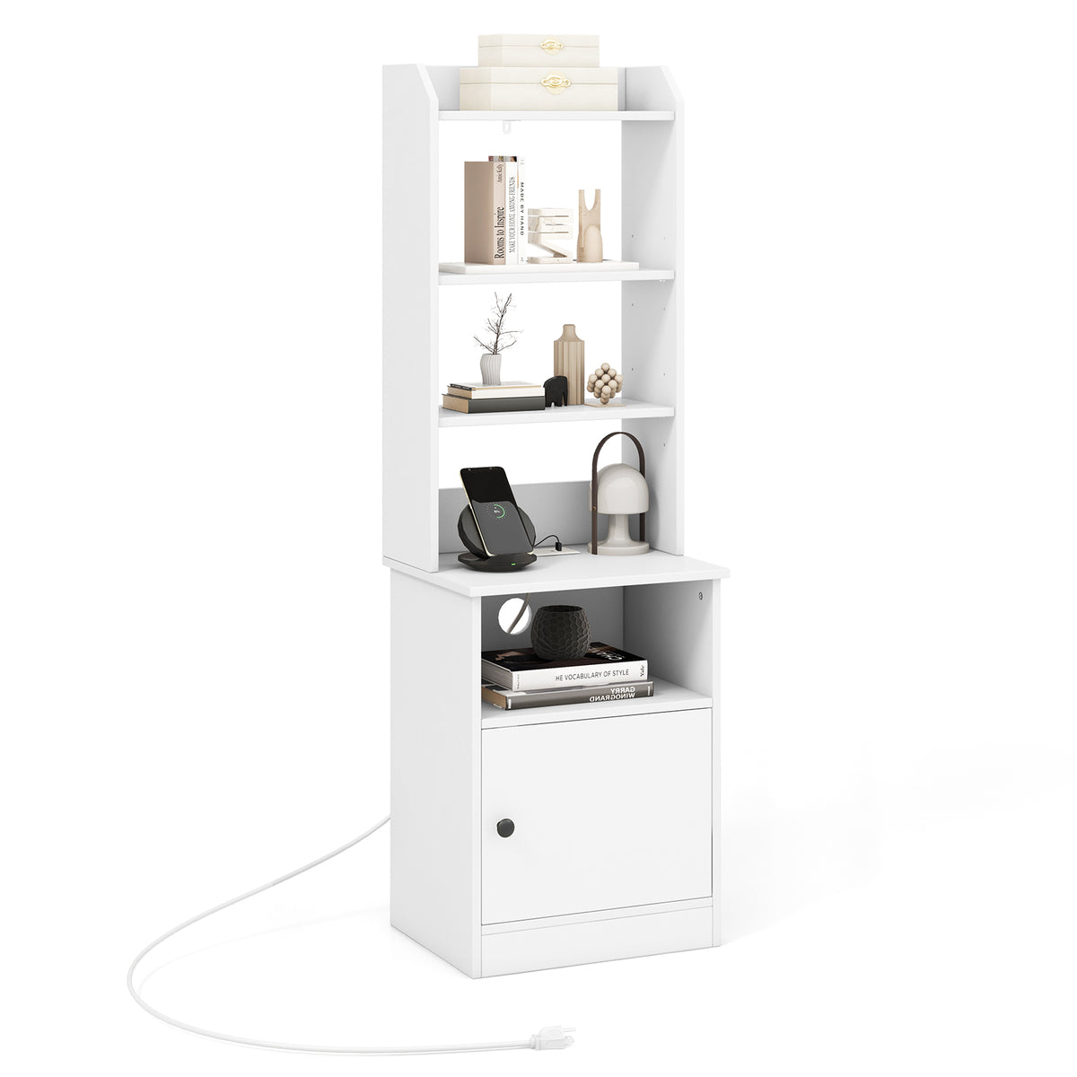 6-Tier Bookshelf Nightstand with Charging Station and Cabinet