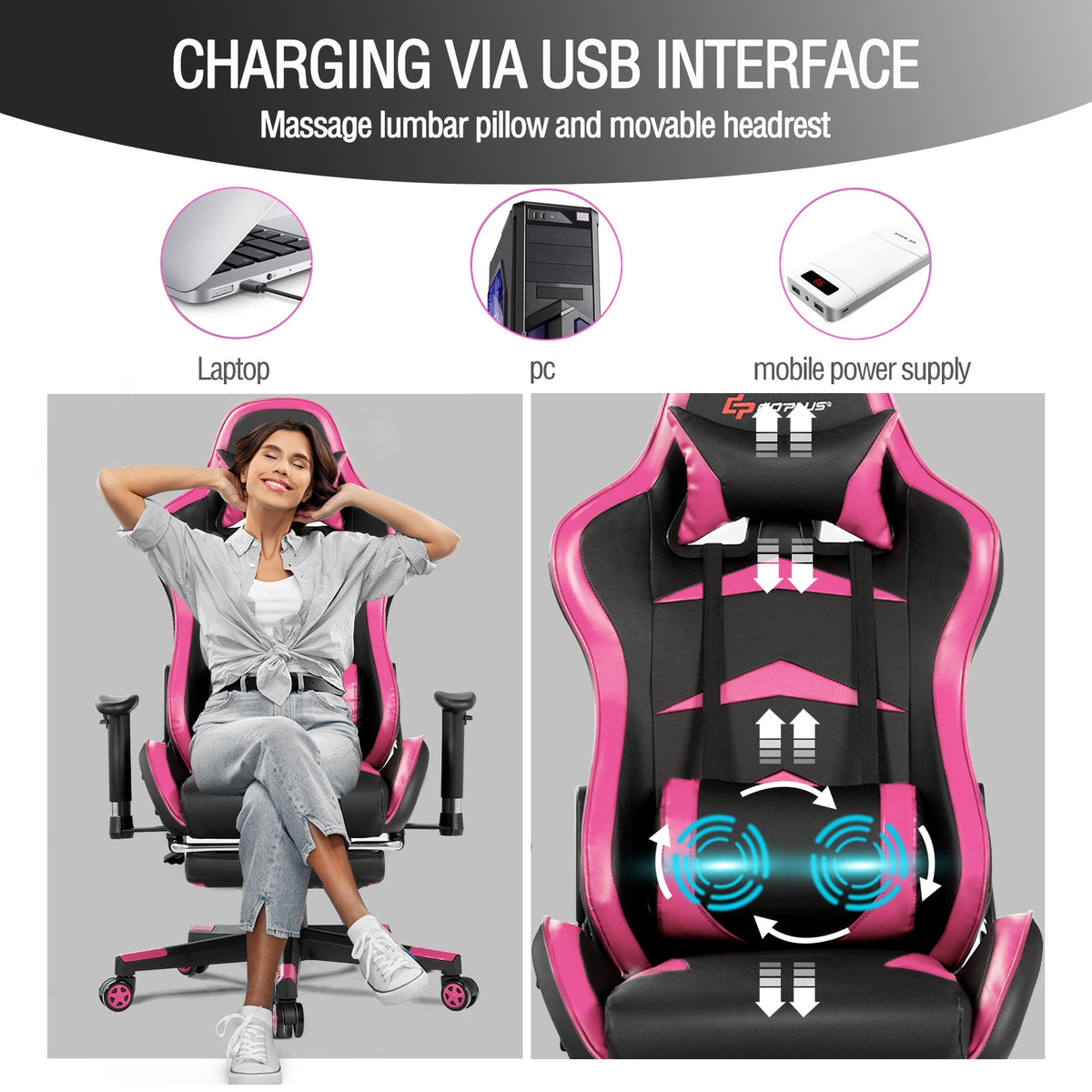 Massage Gaming Chair with Footrest - Pink