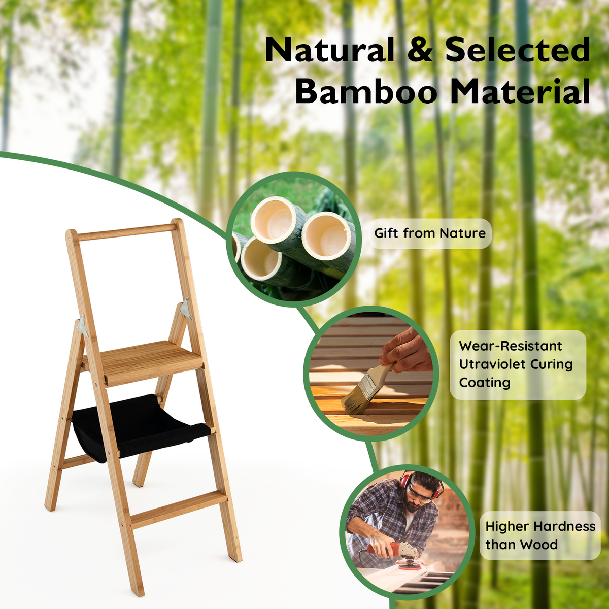 3 Step Foldable Bamboo Ladder Stool with Tool Storage Bag
