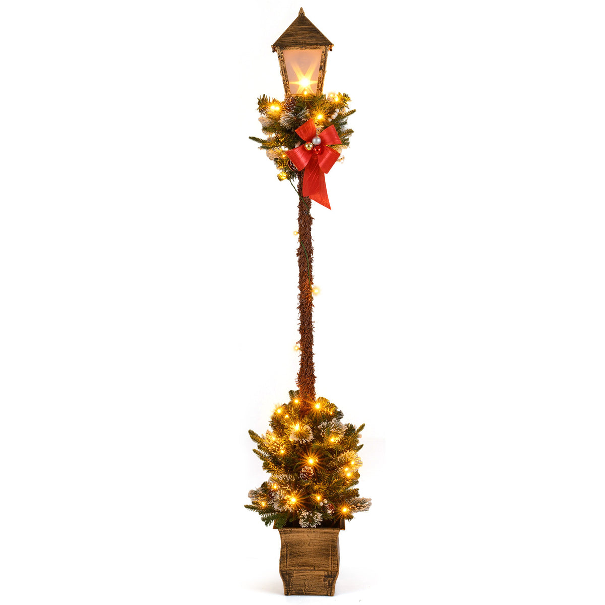 Set of 1 Christmas Pre-lit Street Lamp with Snow-Flocked Branches & Greenery - White, 6.1 Feet