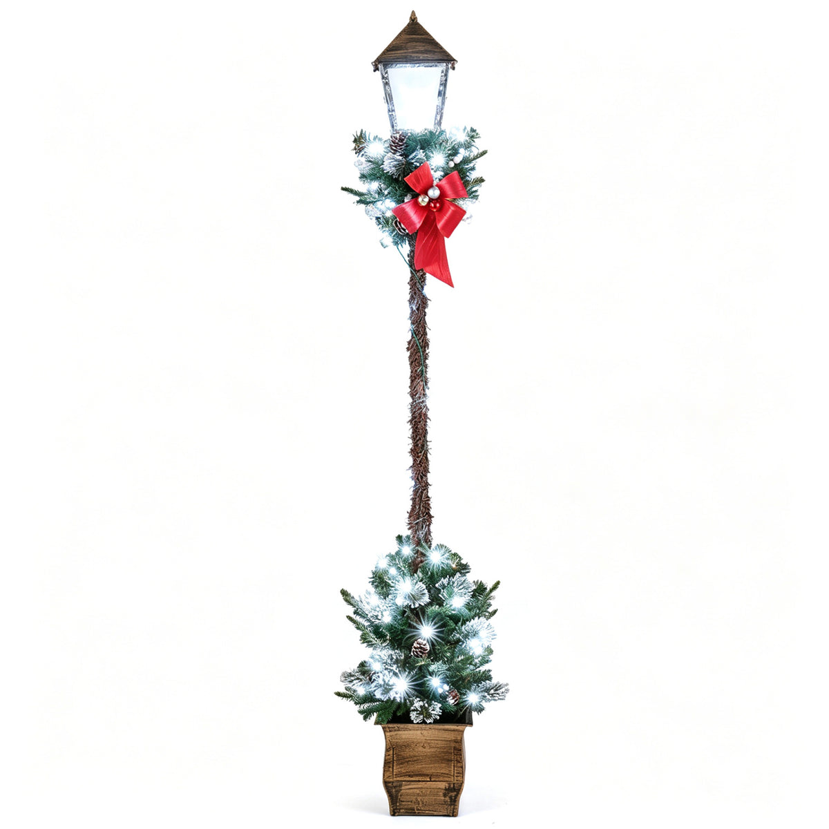 Set of 1 Christmas Pre-lit Street Lamp with Snow-Flocked Branches & Greenery - White, 6.1 Feet