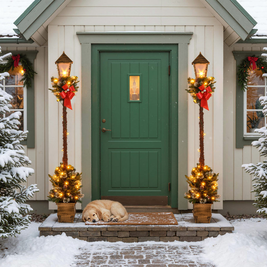 Set of 2 Christmas Pre-lit Street Lamps with Artificial Greenery and Snow-Flocked Tips - Yellow Variation