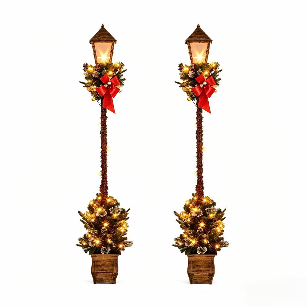 Set of 2 Christmas Pre-lit Street Lamps with Artificial Greenery and Snow-Flocked Tips - Yellow Variation