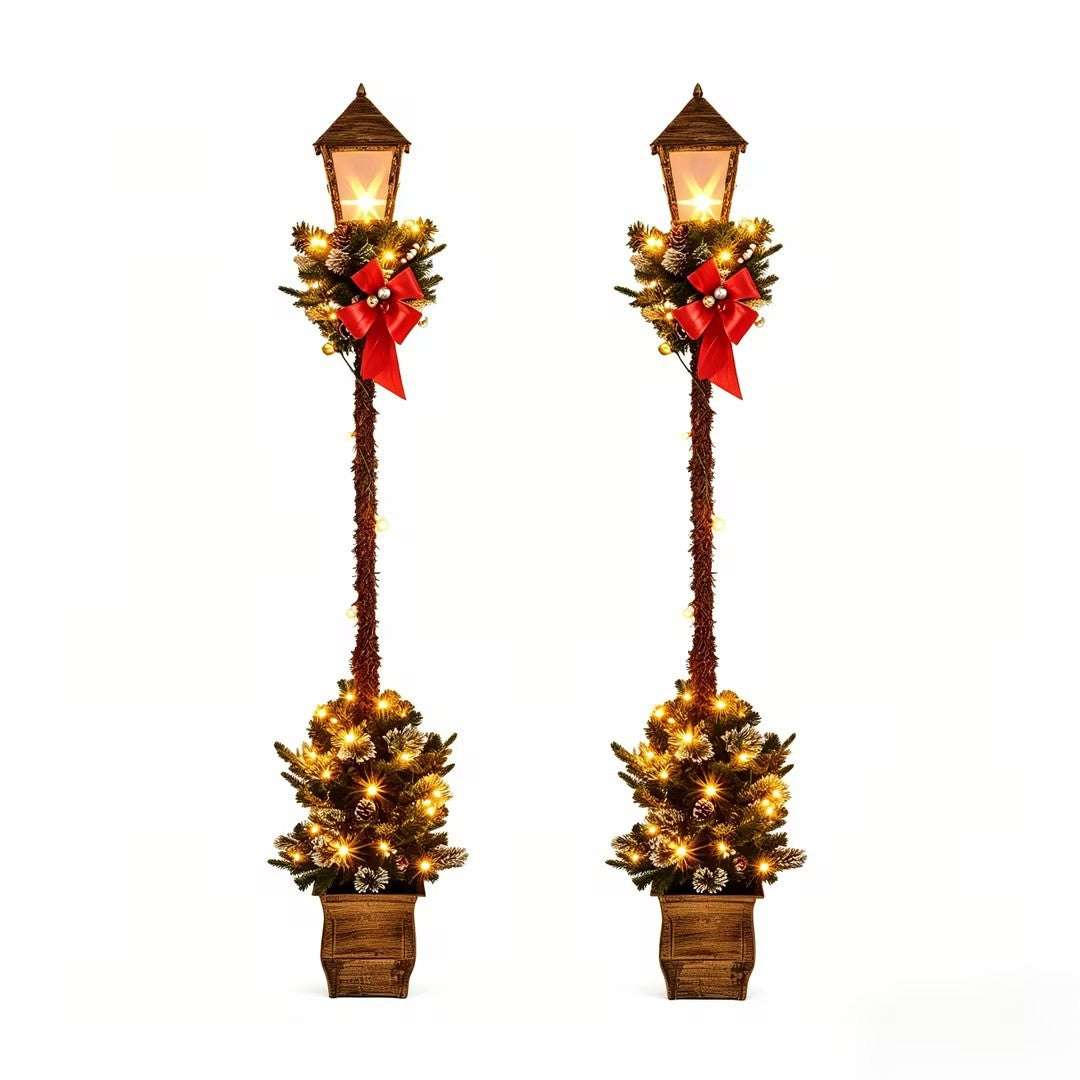 Set of 2 Christmas Pre-lit Street Lamps with Artificial Greenery and Snow-Flocked Tips - Yellow Variation