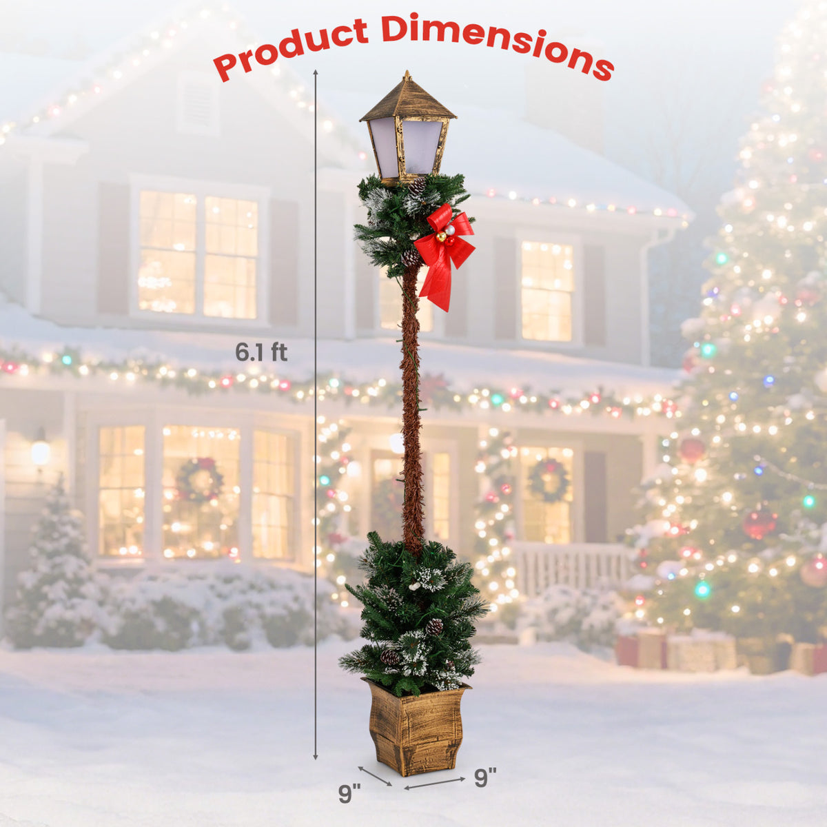 Set of 2 Christmas Pre-lit Street Lamps with Artificial Greenery and Snow-Flocked Tips - Yellow Variation