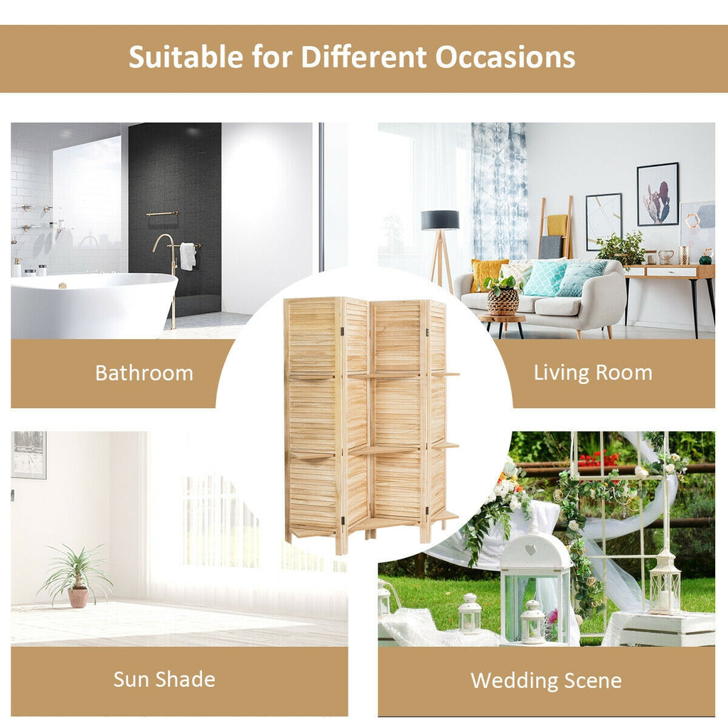 Brown 4 Panel Freestanding Room Divider with Shelves - Folding Privacy Screen