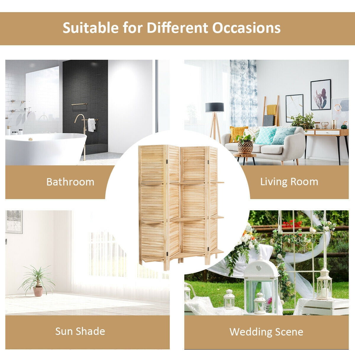 Brown 4 Panel Freestanding Room Divider with Shelves - Folding Privacy Screen