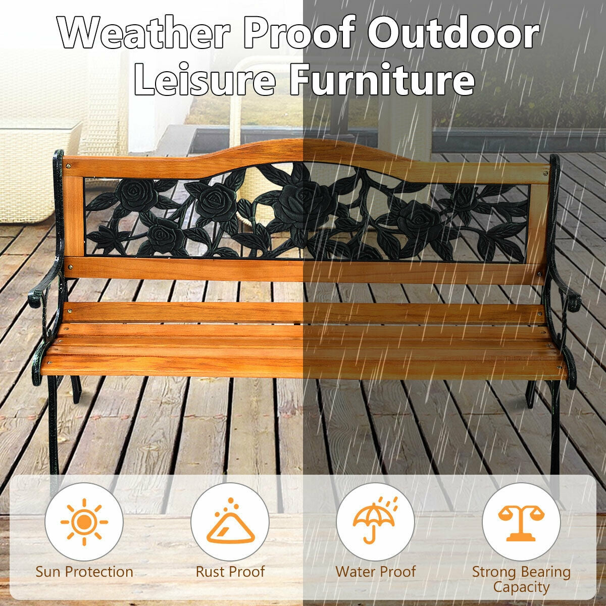 Outdoor Wooden Loveseat Bench with Iron Armrest - Porch Chair Style 3