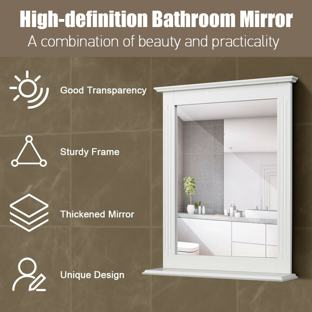 White Wall-Mounted Vanity Mirror with Shelf - Multipurpose Home Decor