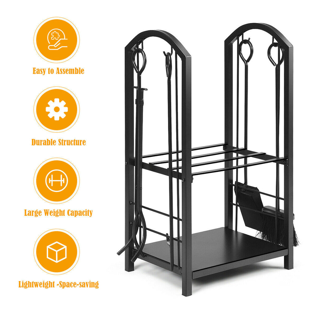 Fireplace Log Rack with 4 Tools and 2 Shelves - Black