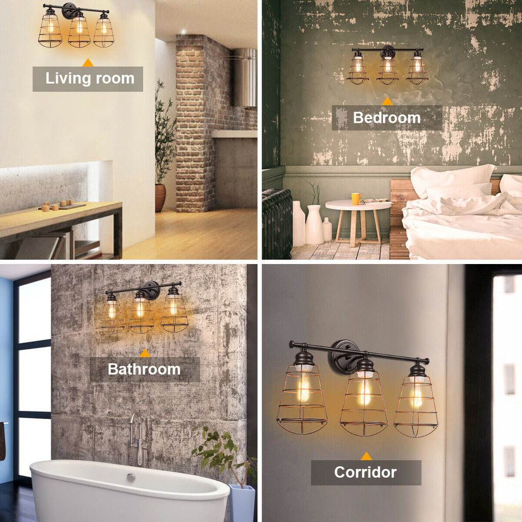 3-Light Bathroom Vanity Lamp Fixture with Metal Wire Cage - Retro Industrial Style