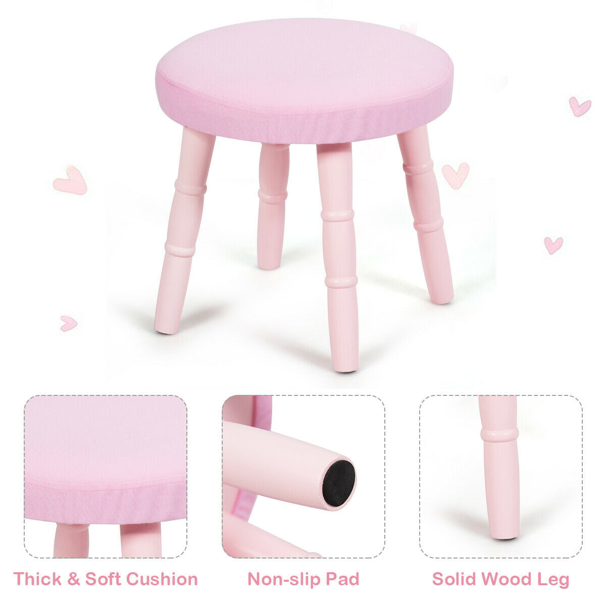 Kids Wooden Princess Makeup Table with Cushioned Stool & Round Mirror - Pink Variation
