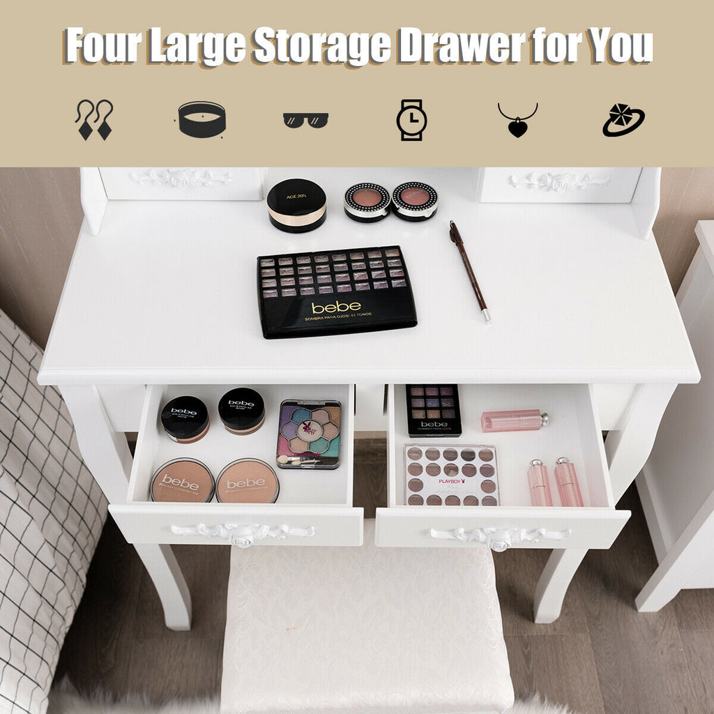 Makeup Dressing Table with Lighted Mirror & Stool - White