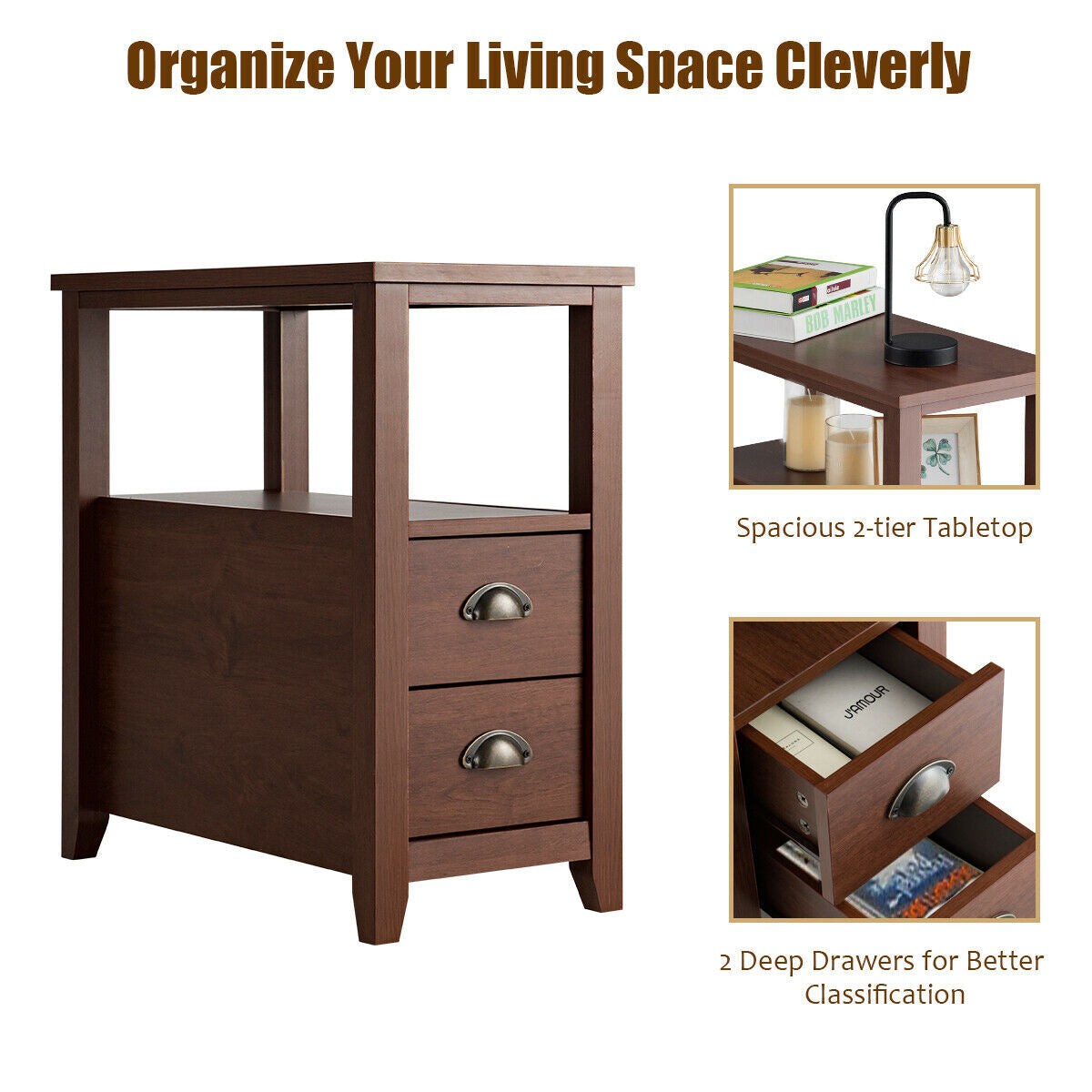 2-Drawer Nightstand Set, Brown - Space-Saving Bedroom Storage
