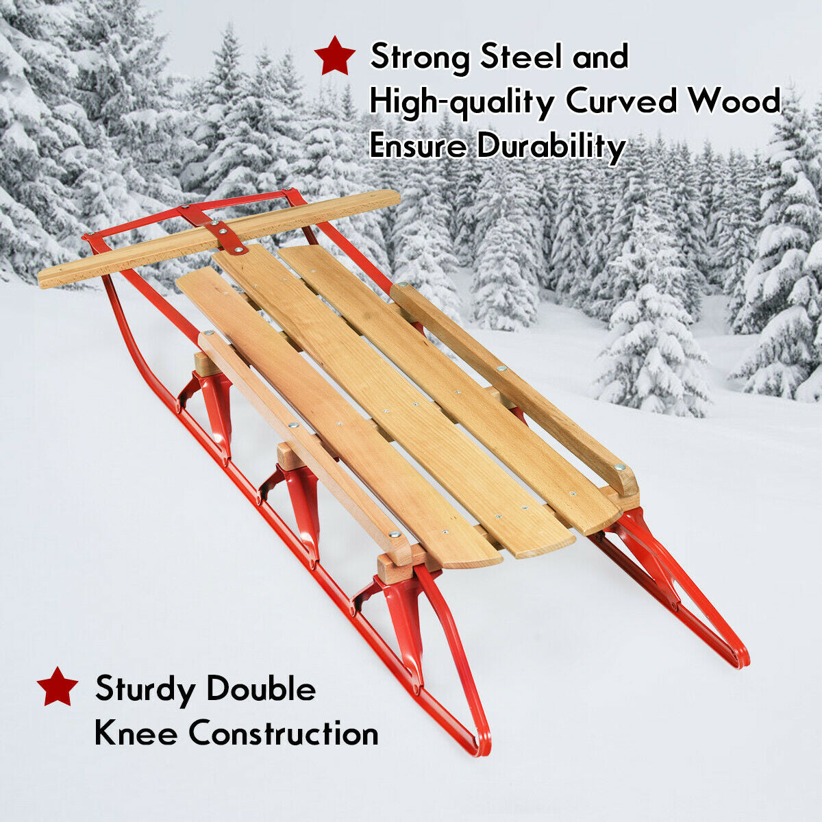 Red 54 Inch Wooden Snow Sled with Metal Runners & Steering Bar - Kids & Adults