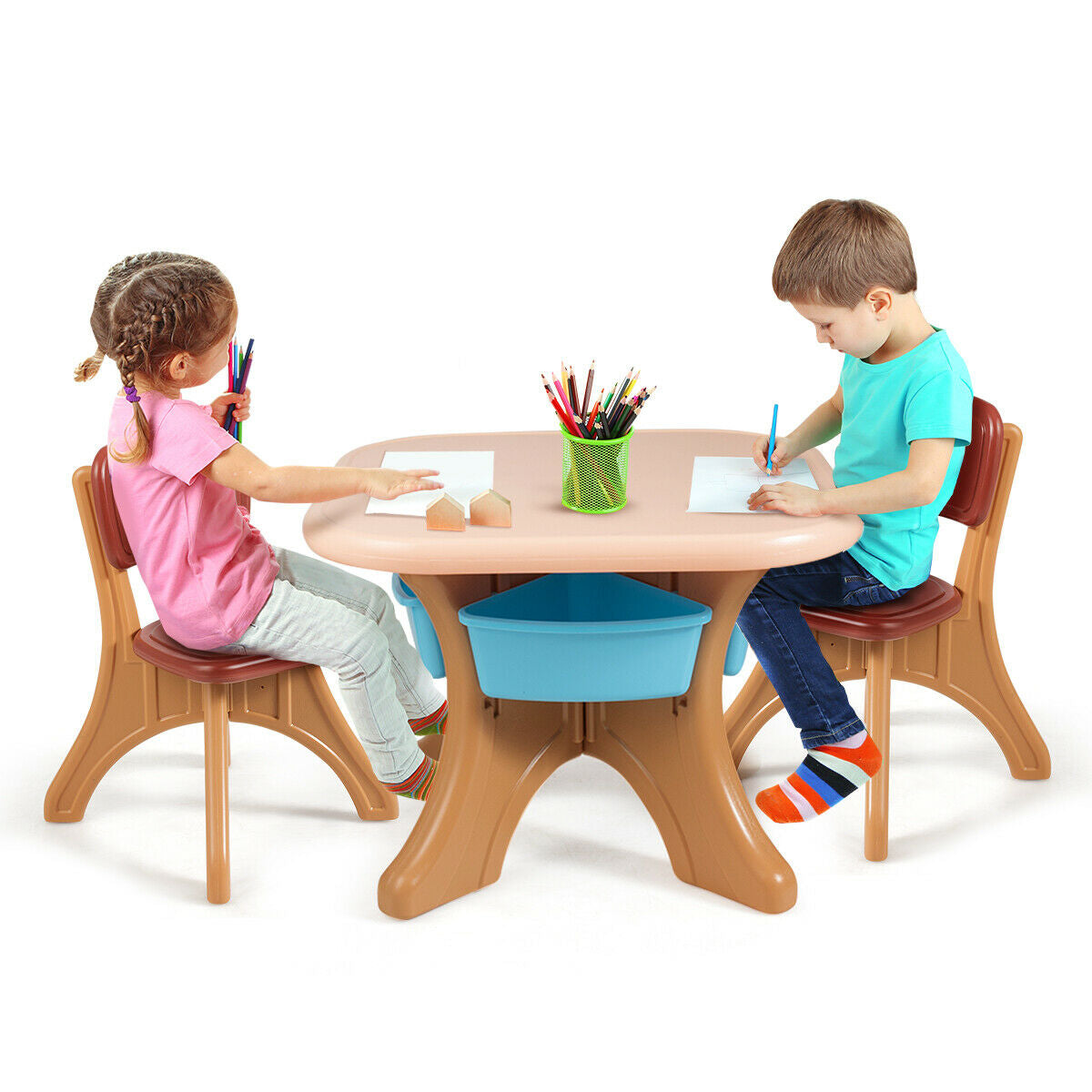 Kids Activity Table and Chair Set with Storage - Brown, Durable Plastic