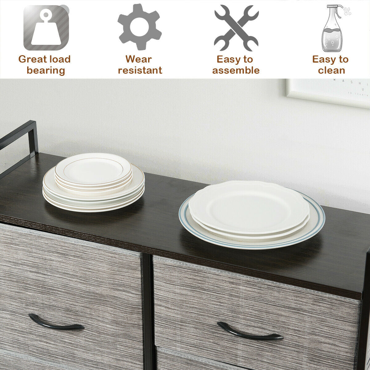 5 Fabric Drawer Dresser with Metal Frame and Wooden Top