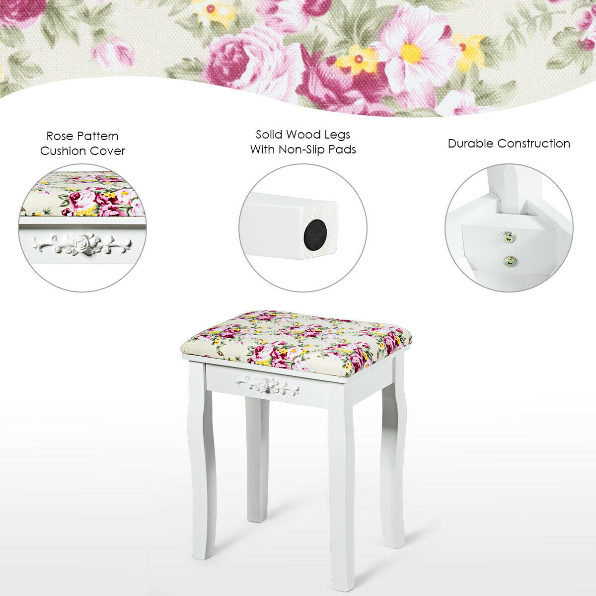 Vanity Wood Dressing Stool with Rose Cushion - White