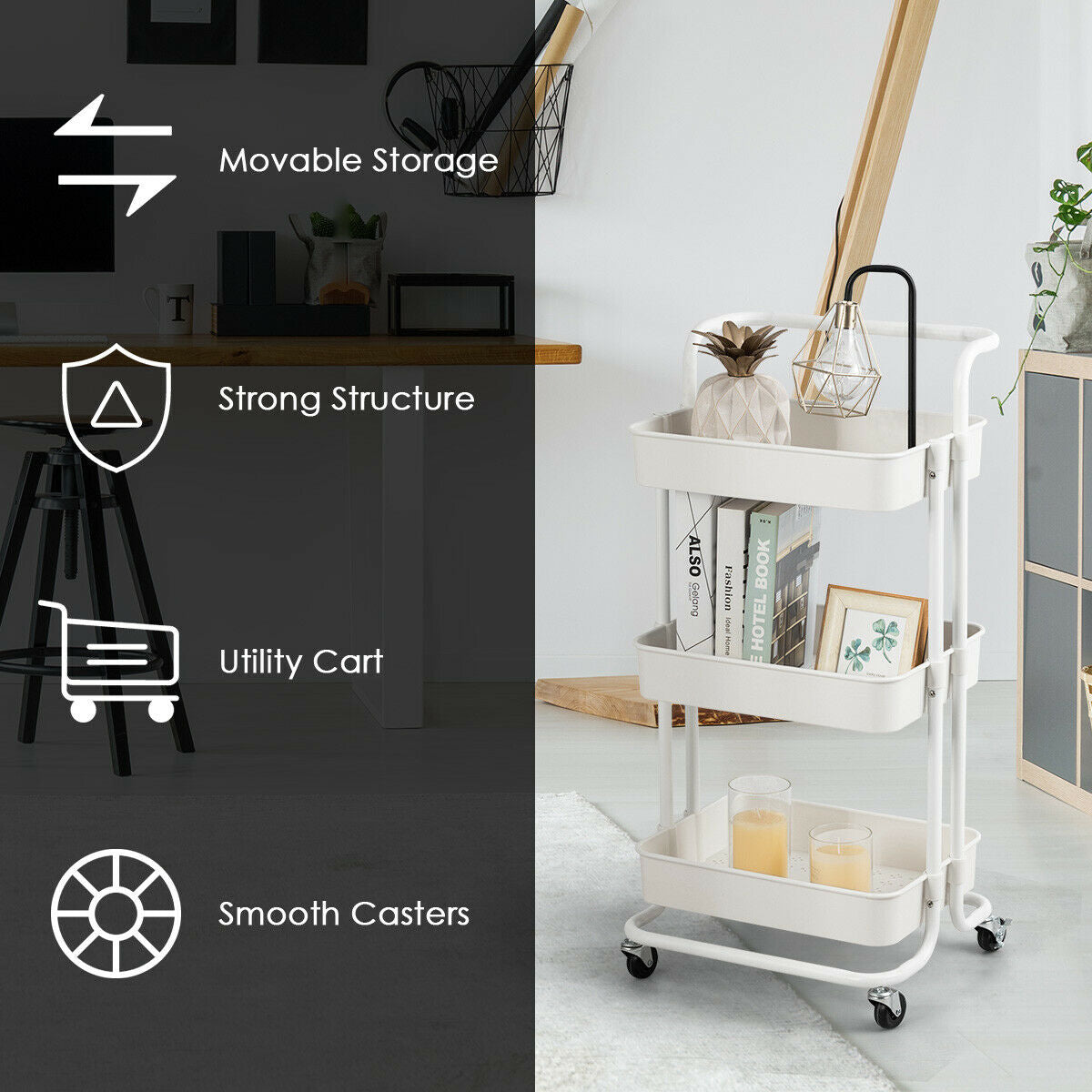 3-Tier Rolling Storage Cart with ABS Basket, White