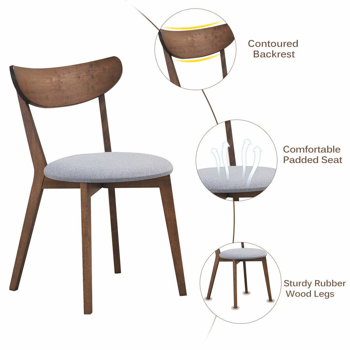 Set of 2 Upholstered Dining Chairs, Curved Back