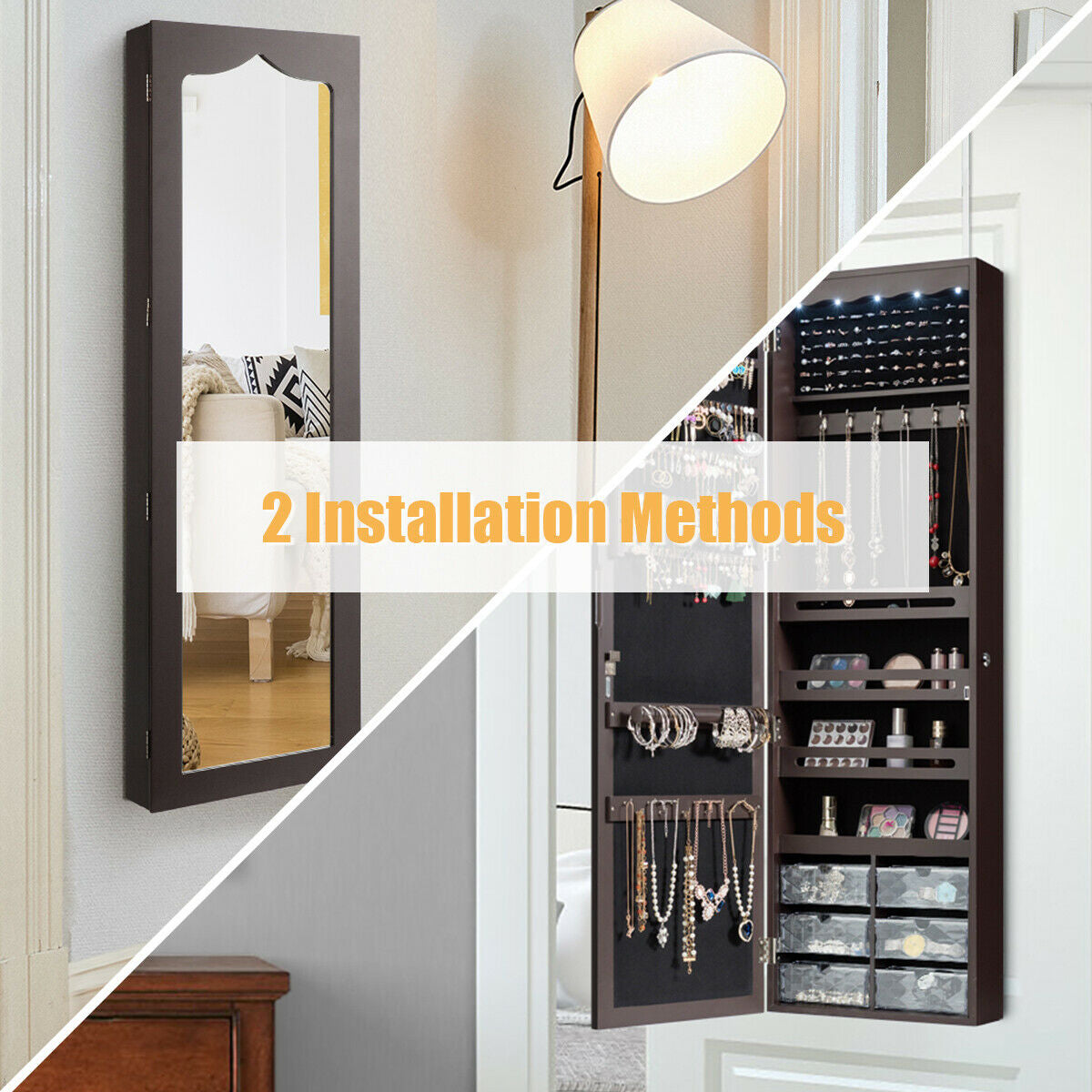 Door Hanging Jewelry Armoire with Full Length Mirror - Brown, 6 LEDs