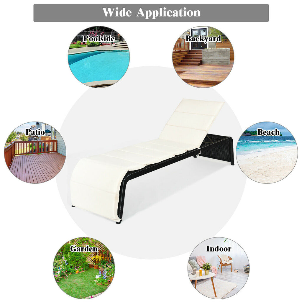 Adjustable Patio Rattan Lounge Chair with Cushion - White