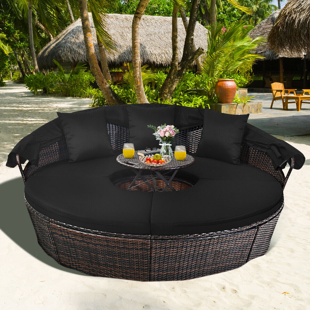 Patio Round Rattan Daybed with Retractable Canopy and Height