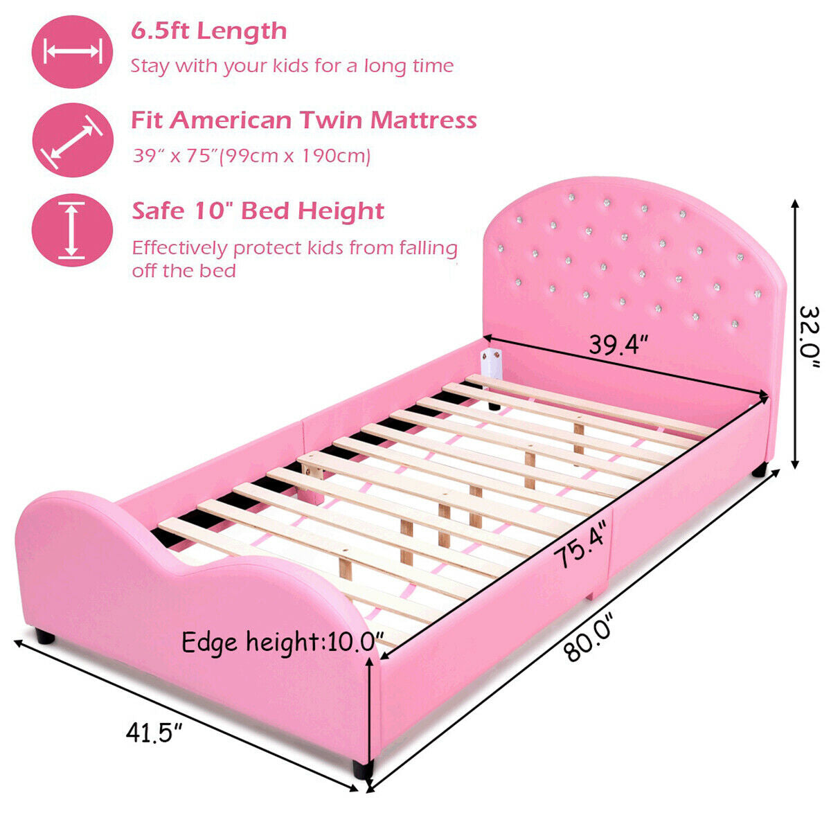 Twin Size Upholstered Toddler Bed with Wood Slat Support and Diamonds Variation