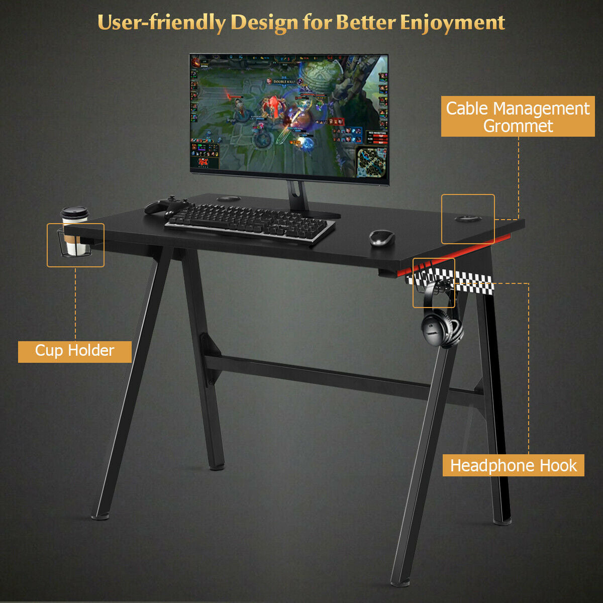 Ergonomic Gaming Desk with Cup Holder and Headphone Hook