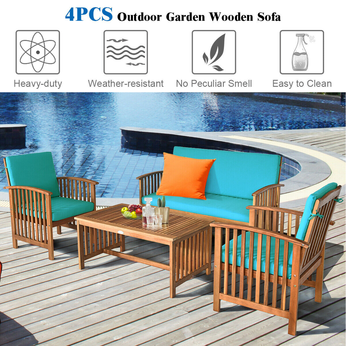 4-Piece Acacia Patio Furniture Set with Cushions - Style 2, Blue
