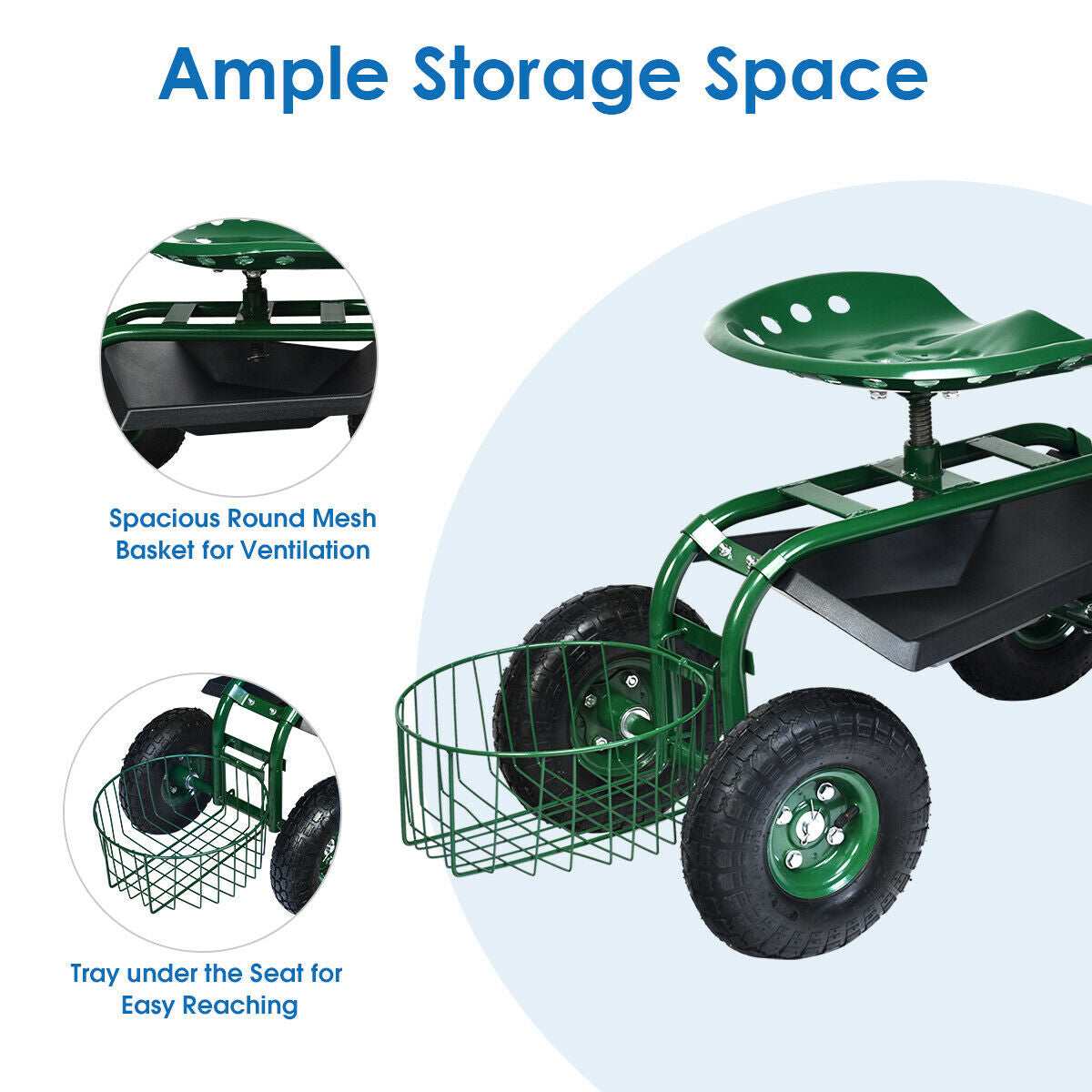 Garden Cart with 360 Swivel Seat & Tool Tray – Green