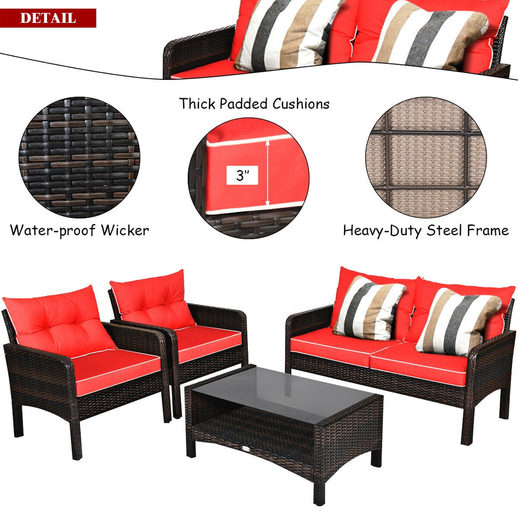 4-Piece Patio Rattan Sofa Set with Coffee Table - Red