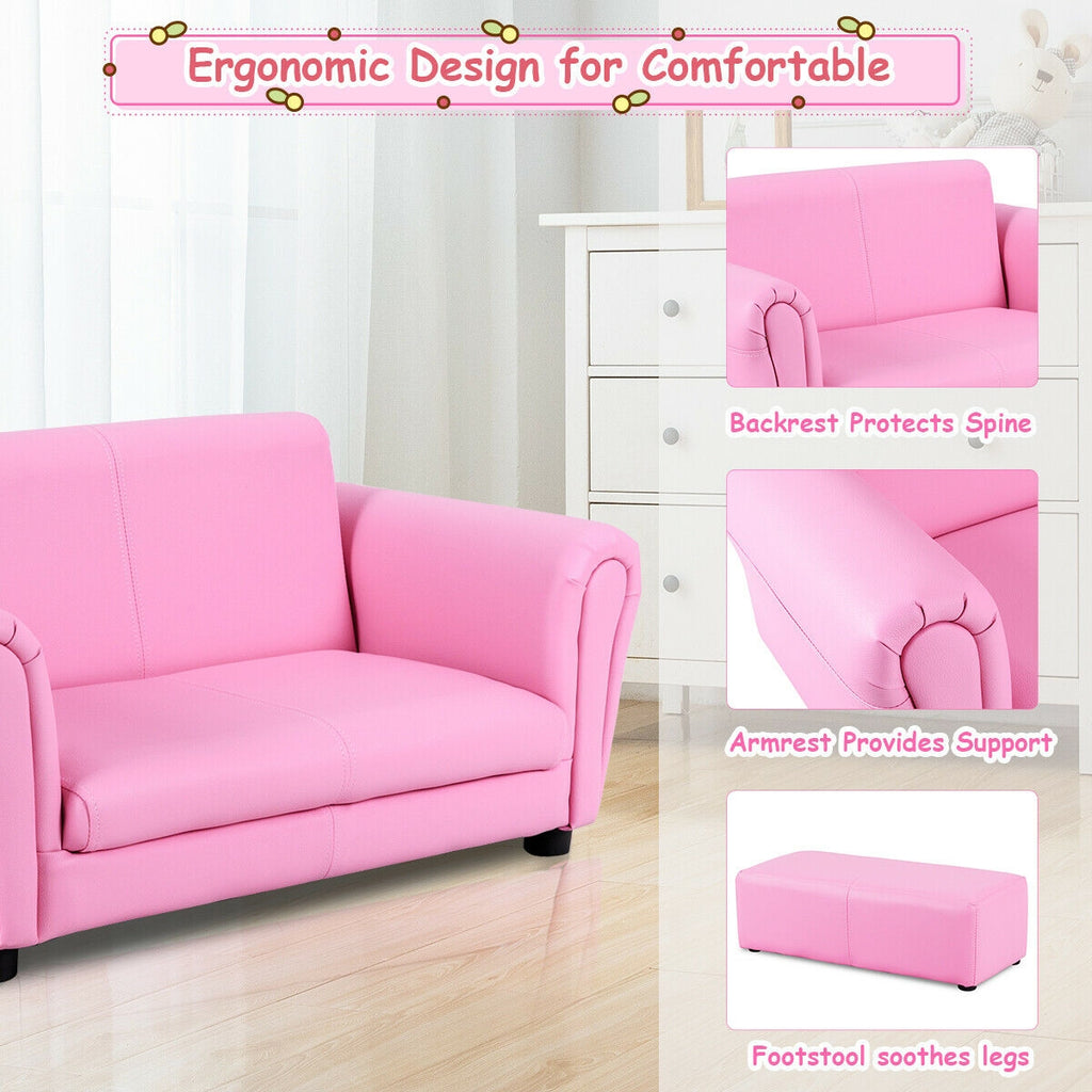 Pink Kid's Double Couch Lounge Sofa with Ottoman - Childrens Play & Sleep