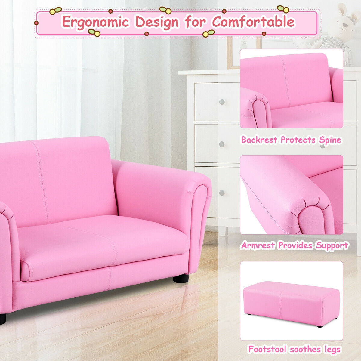 Pink Kid's Double Couch Lounge Sofa with Ottoman - Childrens Play & Sleep
