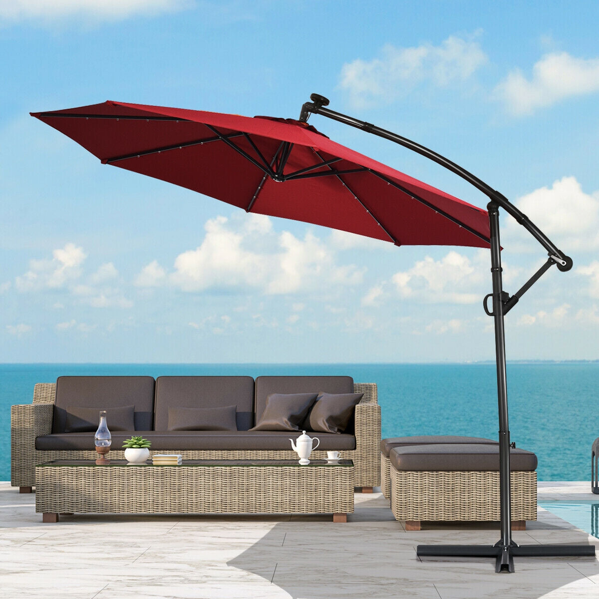 10 x 8 Feet Solar LED Patio Umbrella 360° Rotation, Dark Red