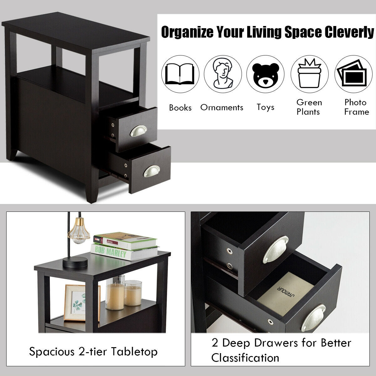 Rectangular Wooden Nightstand with 2 Drawers & Shelf, Dark Brown