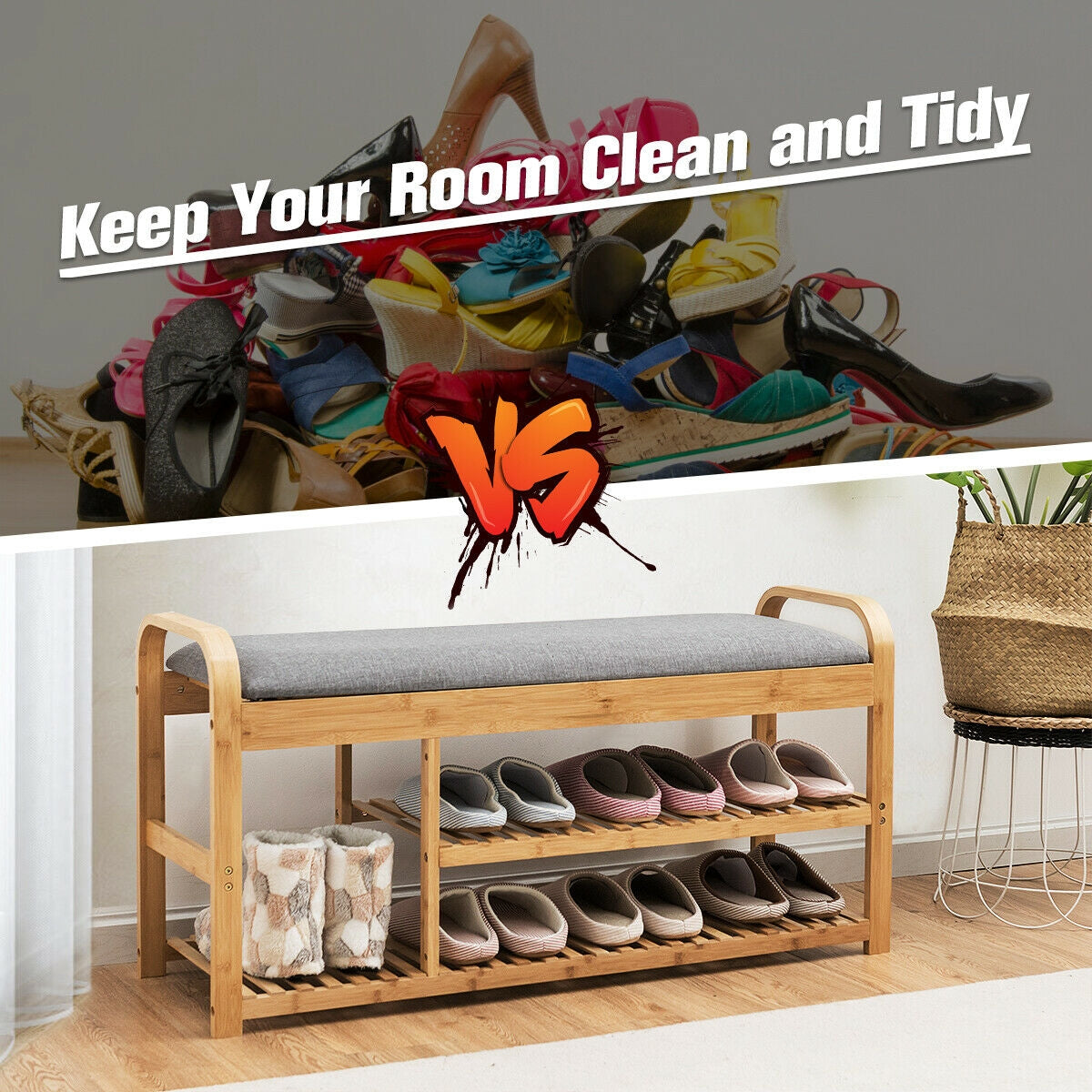 Bamboo Shoe Rack Bench with Cushion - 40", Natural