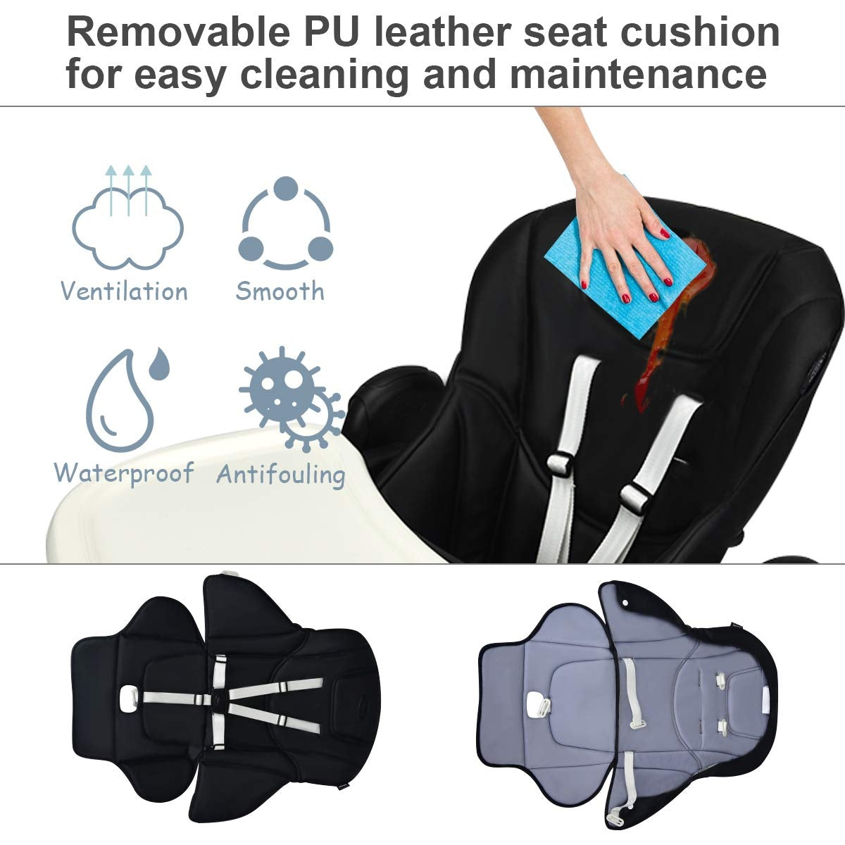 Foldable Baby High Chair with Adjustable Backrests & Safety Restraint - Black