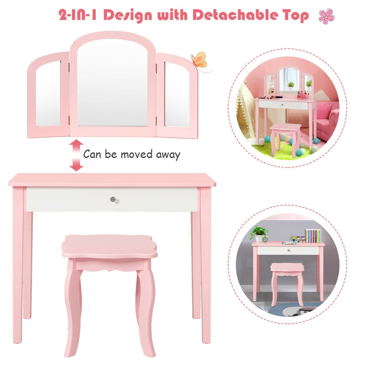 Kids Vanity Dressing Table with Tri-Fold Mirror and Chair - Pink, No Lights & Mirror