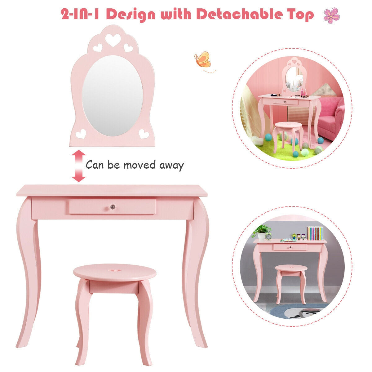 Kids Princess Makeup Dressing Play Table Set with Mirror - Pink