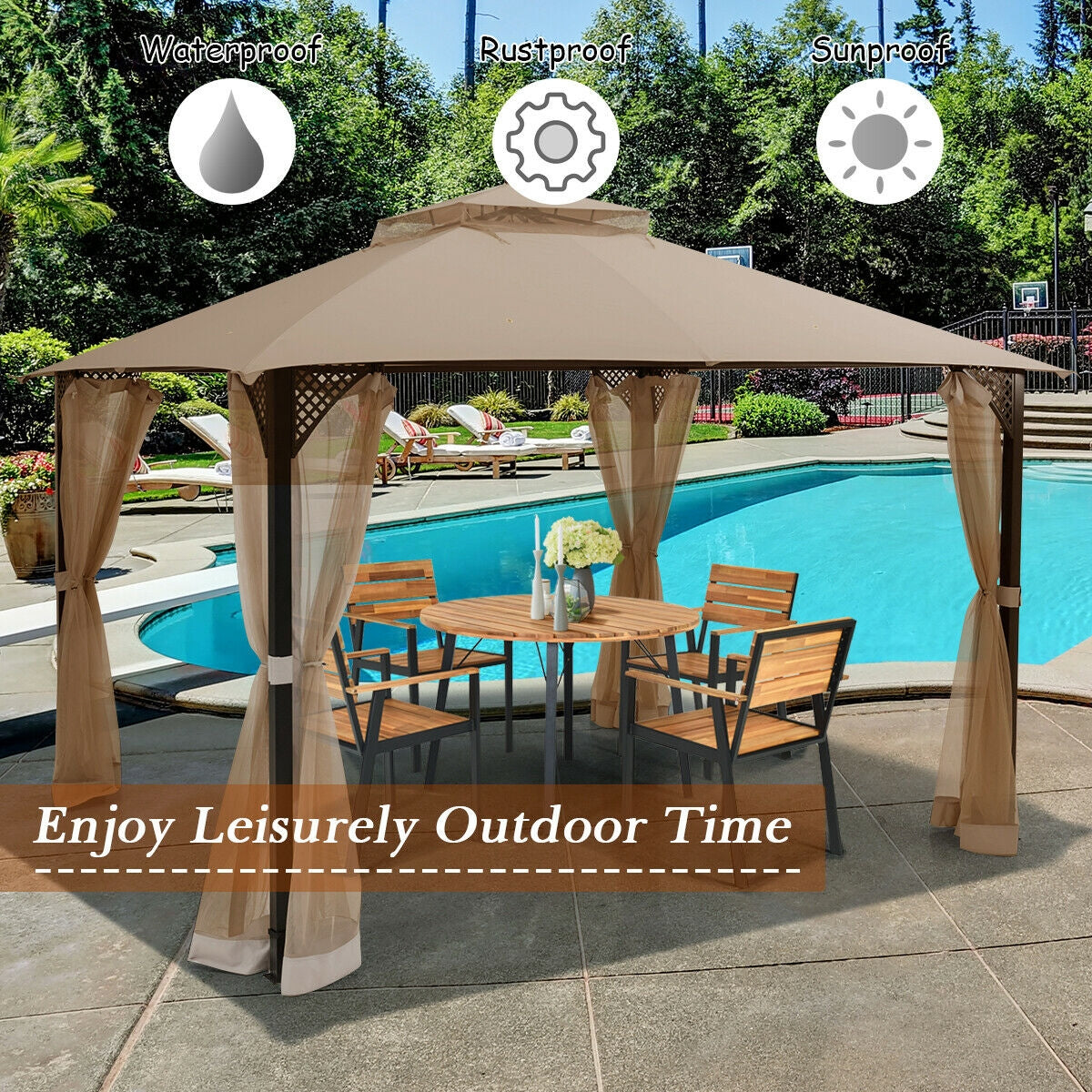 12 x 10 Patio Gazebo with Netting - Brown