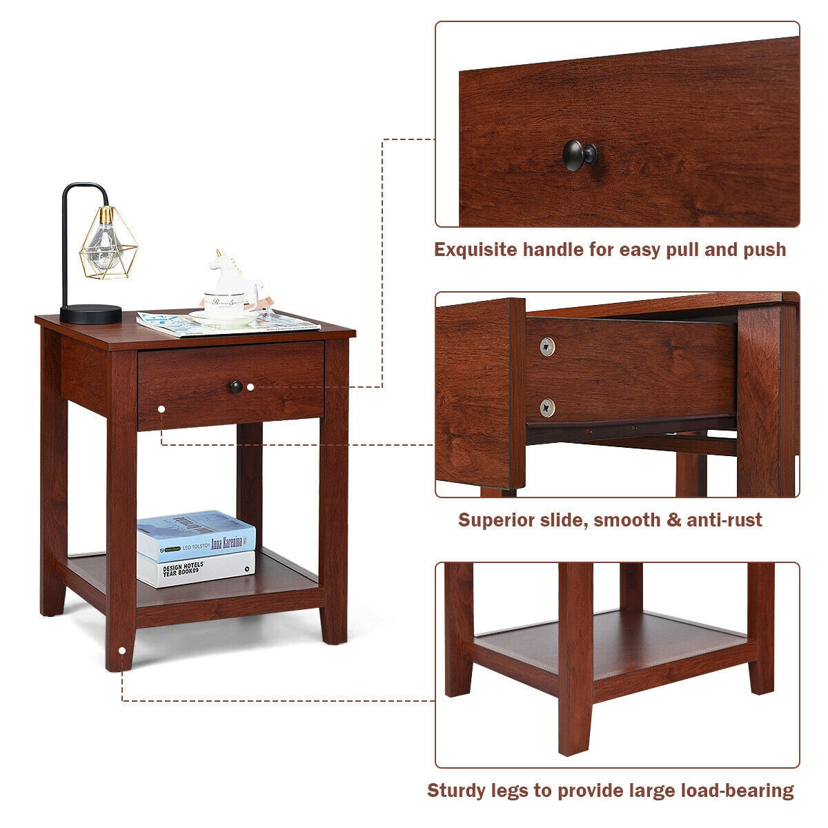 Set of 2 Nightstands with Drawer and Open Shelves