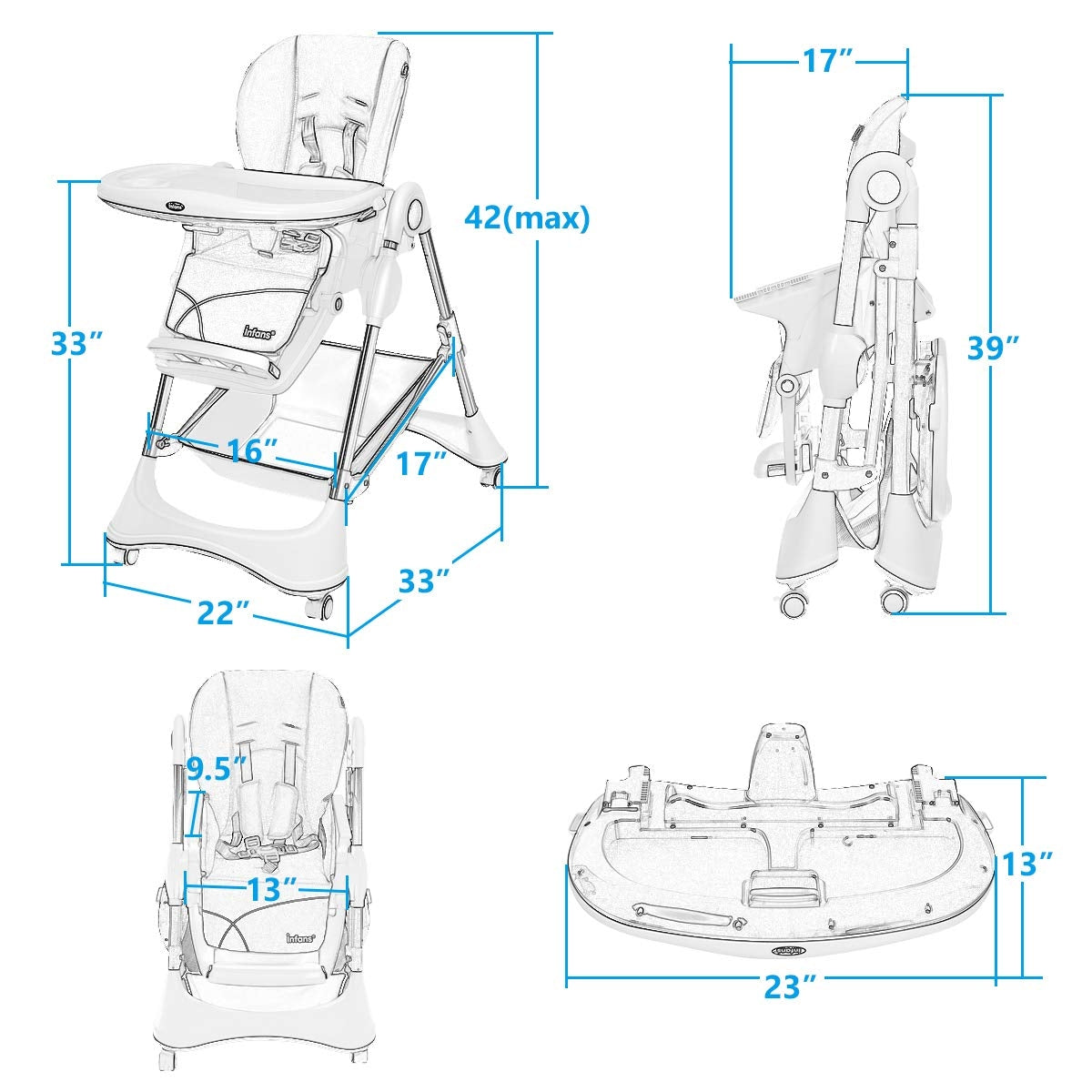 A-Shaped Baby High Chair with Lockable Wheels, Black - Foldable & Safe