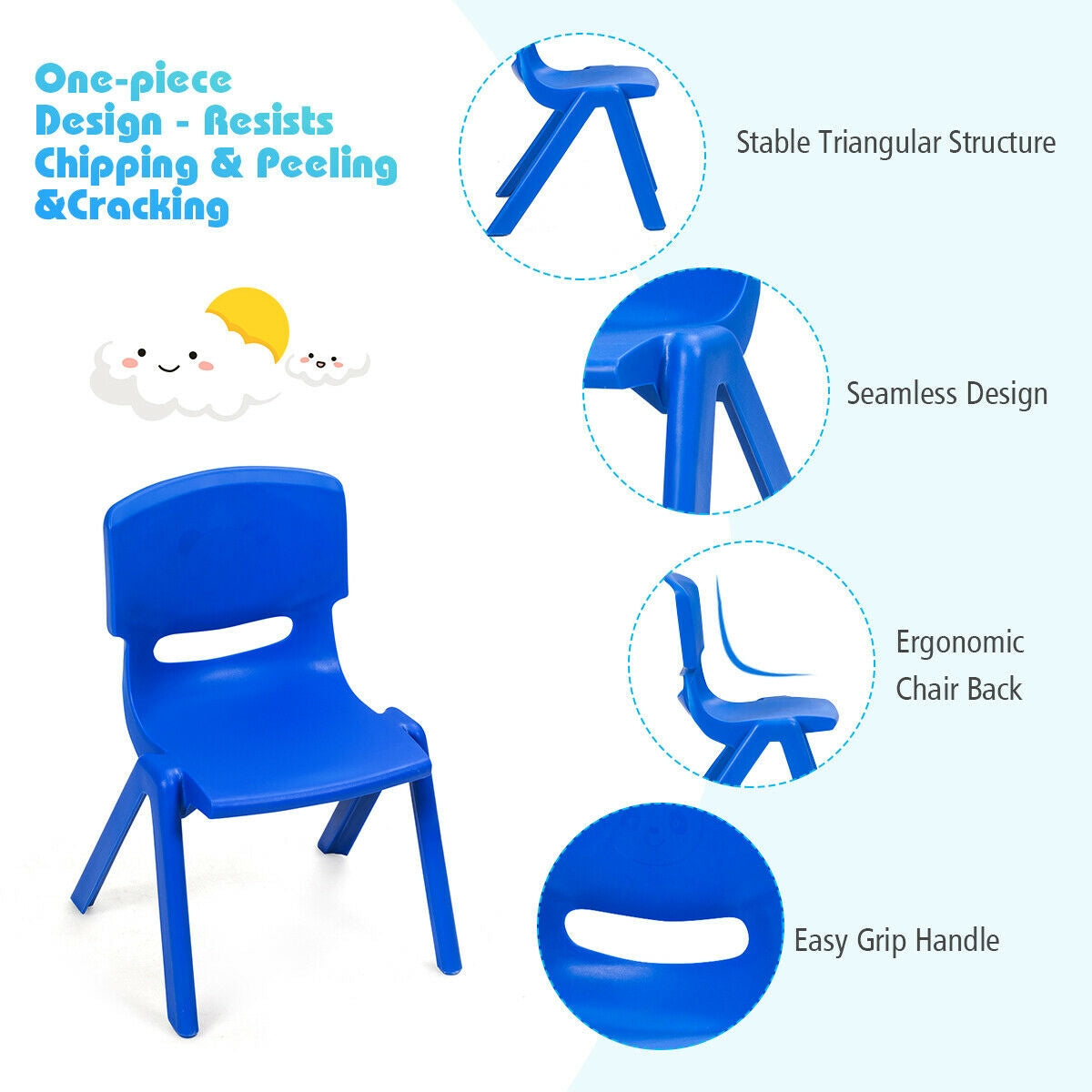 Kids Plastic Stackable Classroom Chairs - Set of 6, Blue, Kid-Sized, Indoor & Outdoor Use
