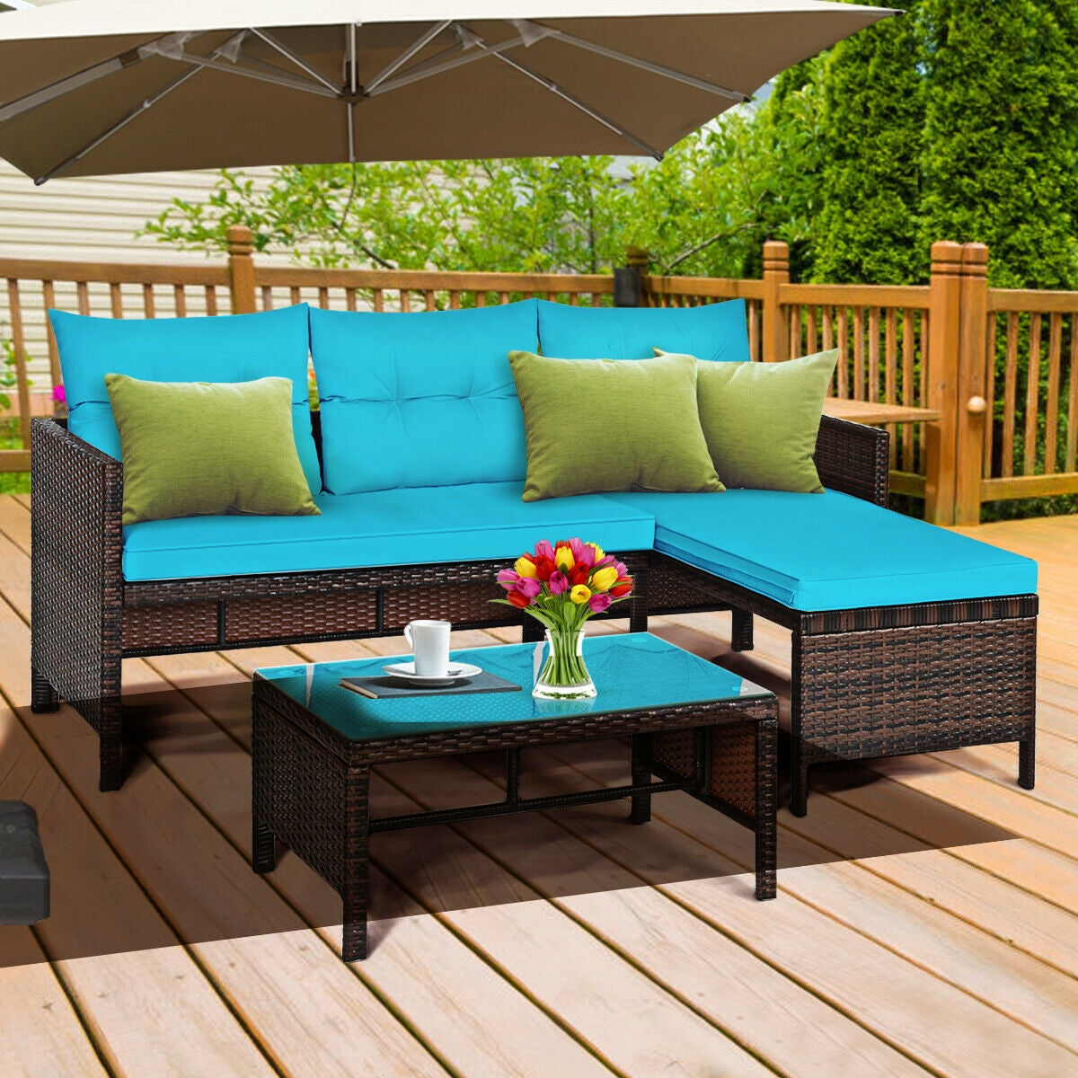 Outdoor Rattan Corner Sectional Sofa Set with Glass Table - Turquoise