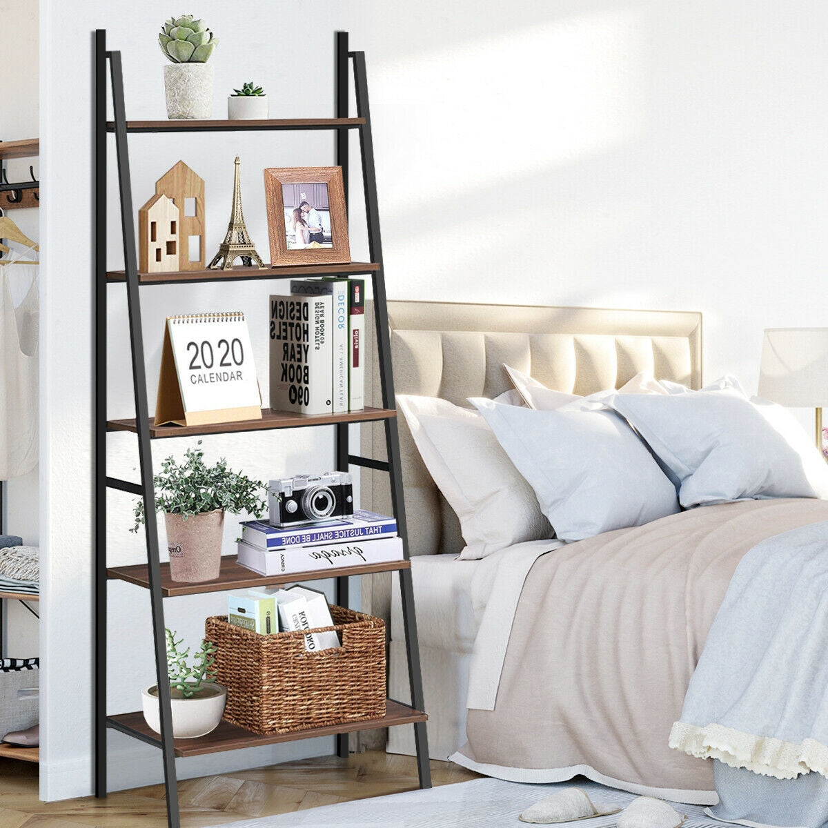 5-Tier Leaning Bookshelf Wood Metal Bookcase