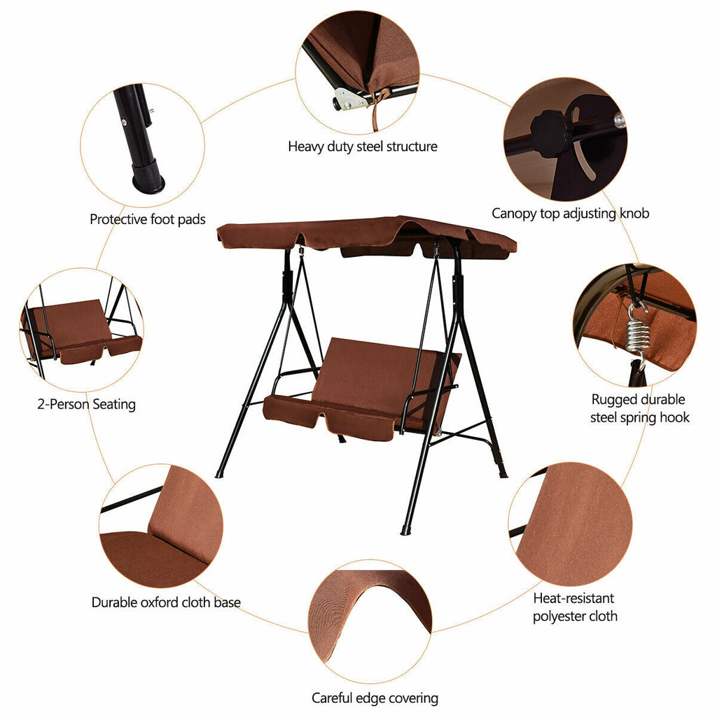 2 Person Weather Resistant Canopy Swing for Porch Garden Backyard Lawn