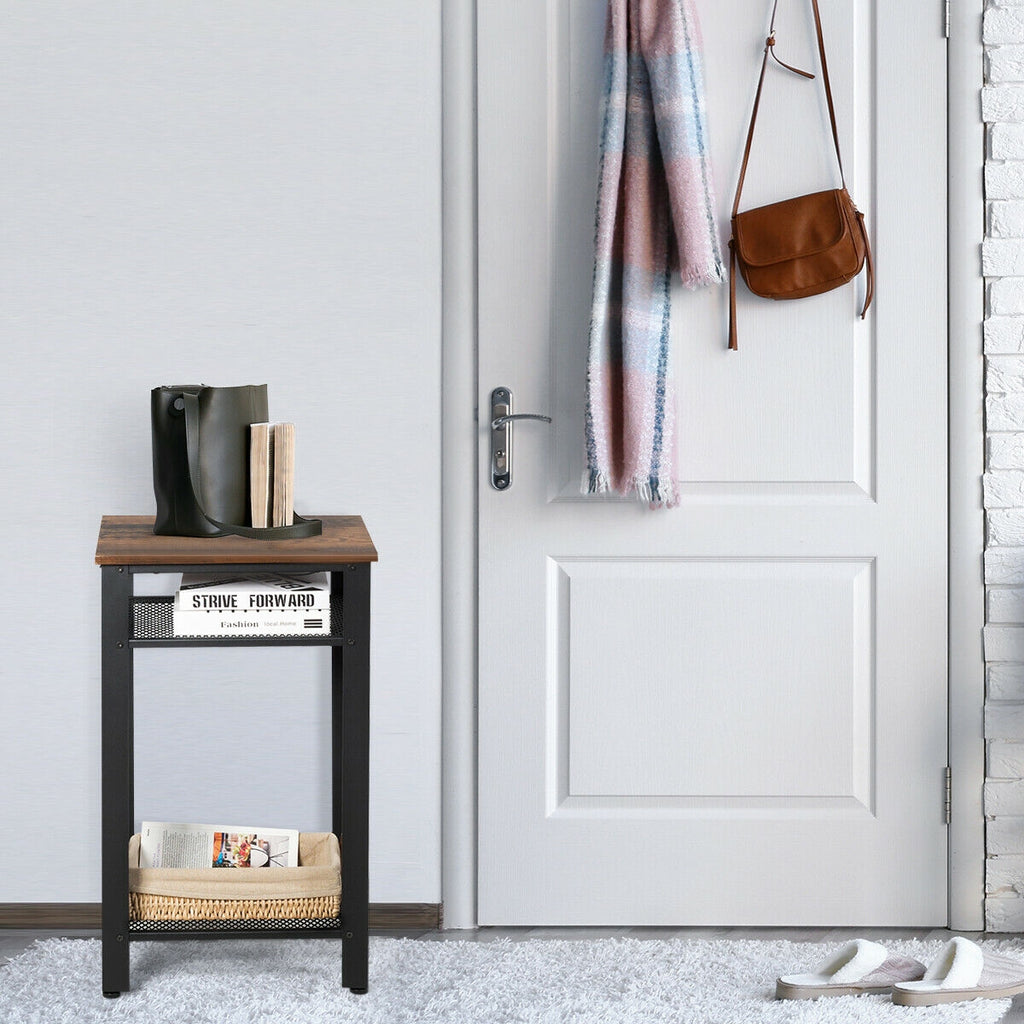 3-Tier Industrial End Table with Metal Mesh Shelves