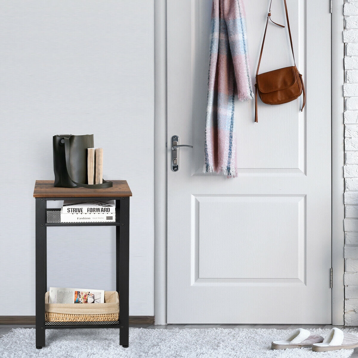 3-Tier Industrial End Table with Metal Mesh Shelves